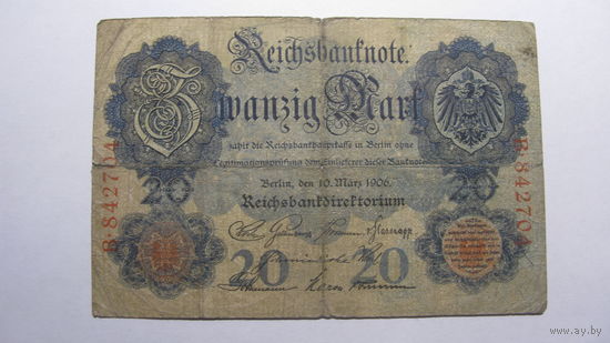 Германия 20 марок 1906 г. Ro 24 а ( 6 цифр в номере )