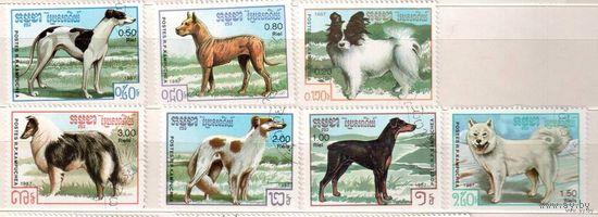 Собаки. Серия 7 марок, 1987г., гаш. Кампучия.