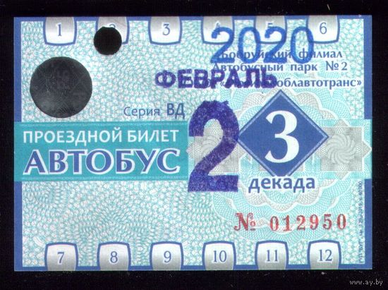 Проездной билет Бобруйск Автобус Февраль 3 декада 2020