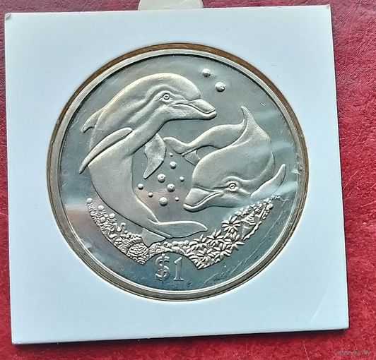 Британские Виргинские острова 1 доллар, 2006 Дельфины. Монета в холдере!