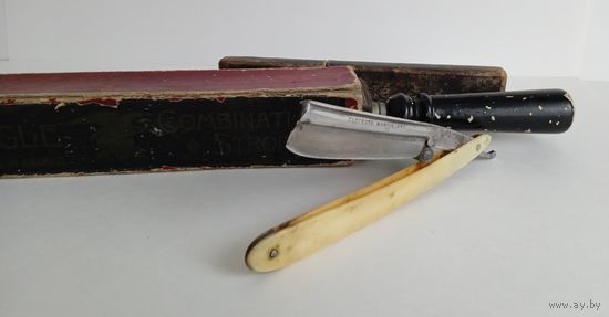 Опасная бритва ERIK ANTON BERG (кость, 1888 г. ESKILSTUNA, 1885 г. BOSTON USA) с устройством для правки EAGLE COMBINATION STROP N55 (1883 г. USA)