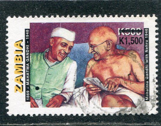 Замбия. М.Ганди и Неру. Надпечатка 1500к на 500