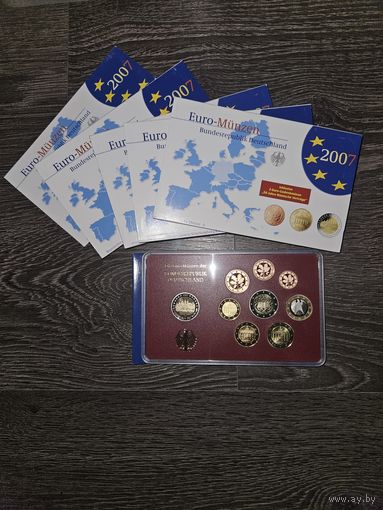 Германия 2007 год 5 наборов разных монетных дворов A D F G J. 1, 2, 5, 10, 20, 50 евроцентов, 1 евро и 2х2 юбилейных евро. Официальный набор PROOF монет в упаковке.