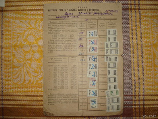 Карточка уплаты профсоюзных членских взносов 1960-1964 года