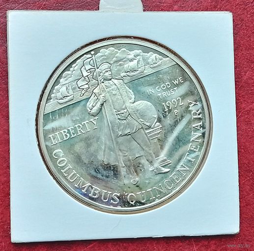 Серебро 0,900!США 1 доллар, 1992 500 лет путешествию Колумба . Монета в холдере!