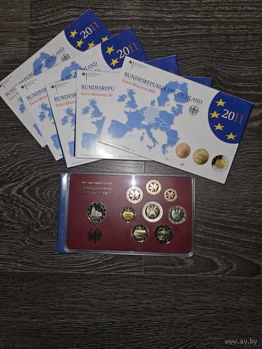 Германия 2011 год 5 наборов разных монетных дворов A D F G J. 1, 2, 5, 10, 20, 50 евроцентов, 1, 2 евро и 2 юбилейных евро. Официальный набор PROOF монет в упаковке.