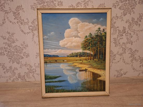 Картина масло ДВП летний пейзаж лес сосны озеро в лесу лодка лошадки - подпись автора М. Лагуто 1990 - 59х47 см