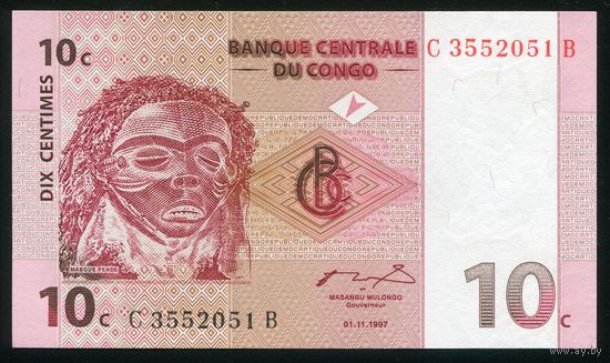 Конго 10 Сантимов 1997. P82. Серия B. UNC