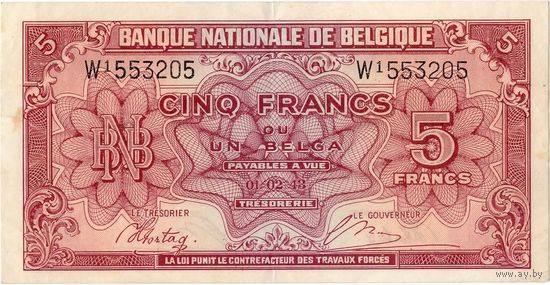 Бельгия, 5 франков, 1943 г.