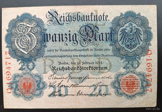 20  марок 1914 банкнота  Германия   Берлин Кайзеровская империя