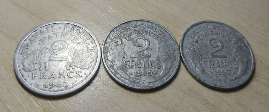 2 франка 1943, 1949, 1950. Франция