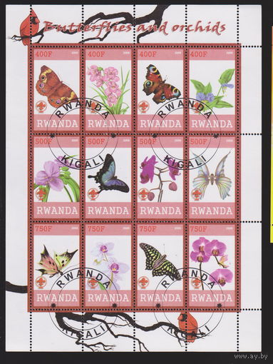 Бабочки Насекомые Цветы Флора Фауна Руанда 2009 год  лот 2034 Блок