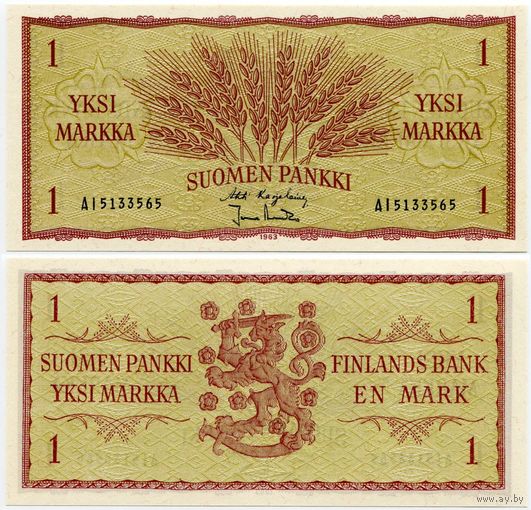 Финляндия. 1 марка (образца 1963 года, P98, подпись 1, UNC)