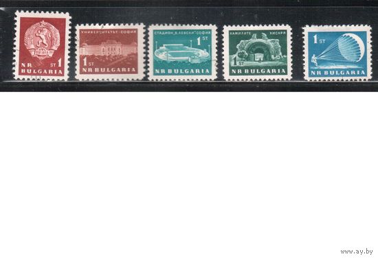 Болгария-1963, (Мих.1360-1364),     гаш. , Стандарт, Герб, Парашют, Стадион(полная серия)(2)