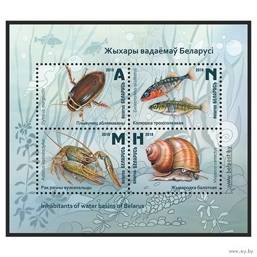 2019 БЕЛАРУСЬ  Малый лист "Обитатели водоемов Беларуси" MNH