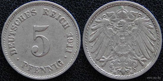 YS: Германия, Рейх, 5 пфеннигов 1911E, KM# 11 (1)