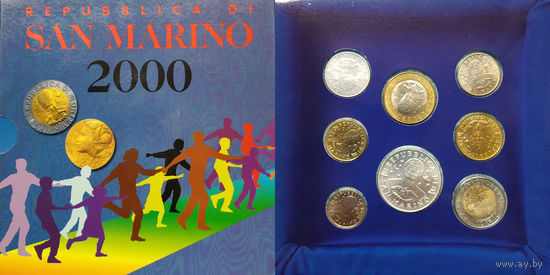 Сан-Марино 2000 год. 10, 20, 50, 100, 200, 500, 1000 и 5000 Лир. Редкий официальный набор монет в буклете с серебром. Тираж 28.000 шт.