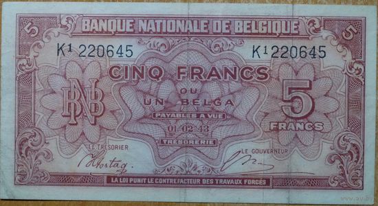 Бельгия 5 франков 1943г.