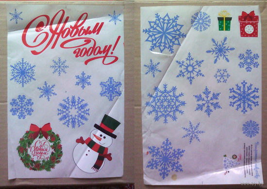 Витражные наклейки новогодние (снежинки, снеговик, новогодний венок) + картонные рождественский леденец и новогодний венок