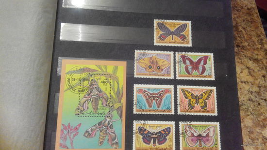 Бабочки, насекомые, фауна, марки и блок, Йемен, 1990