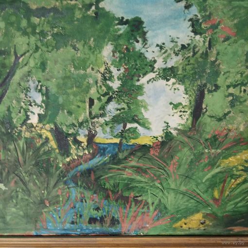 Картина маслом Пейзаж Природа Лес Река Рама 65х45