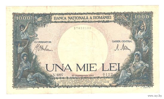 Румыния 1000 лей 1941 года. Дата 10 сентября. Состояние XF+