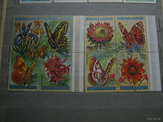 Марки - Бурунди, флора и фауна, бабочки, цветы
