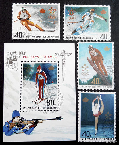 Северная Корея 1987 г. 15-е Зимние Олимпийские игры 1988 в Калгари. Канада. Спорт, полная серия из 4 марок + Блок #0031-С1P6