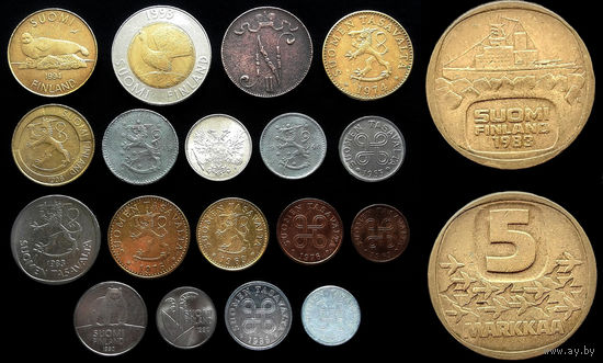 19 монет ФИНЛЯНДИИ С СЕРЕБРОМ (50 пенни 1917 года S . Орел без корон "UNC")