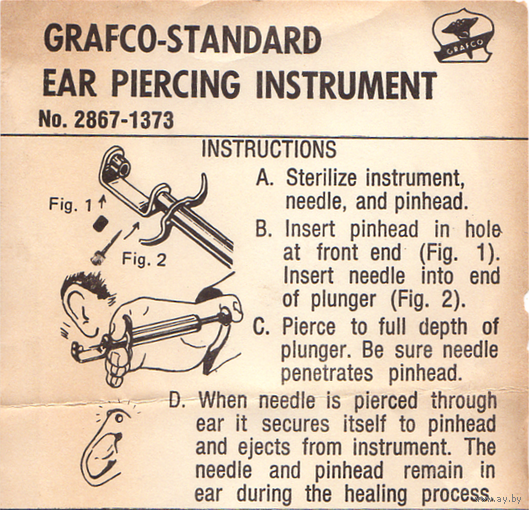 Коллекционный инструмент Grafco (1970-х годов) для пирсинга ушей с иглами Новый!
