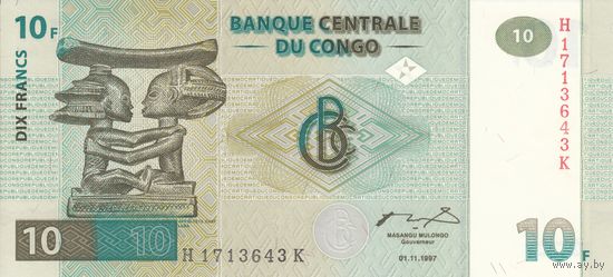 Конго 10 франков 1997 (UNC)