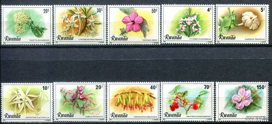Руанда - 1981г. - Цветы - полная серия, MNH, марка с номиналом 50 с с маленьким пятнышком на лицевой стороне [Mi 1093-1102] - 10 марок