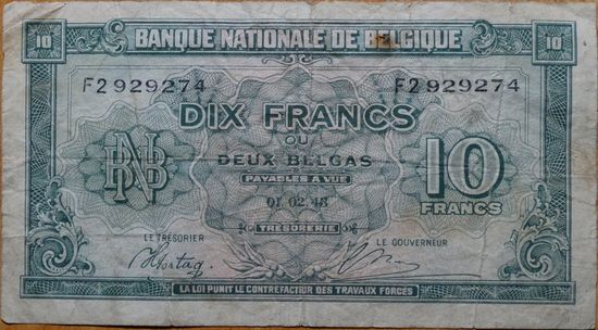 Бельгия 10 франков 1943г.