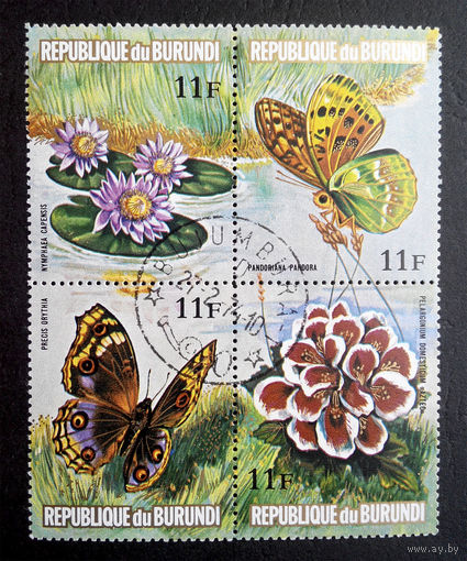 Бурунди 1973 г. Бабочки. Фауна. Сцепка из 4 марок #0104-Ф1