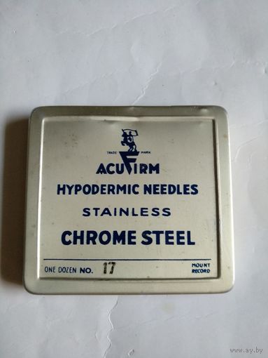 WW II. Металлическая упаковка игл.ACUFIRM HYPODERMIC NEEDLES STAINLESS CHROME STEEL.ONE DOZEN No.17 MOUNT RECORD.