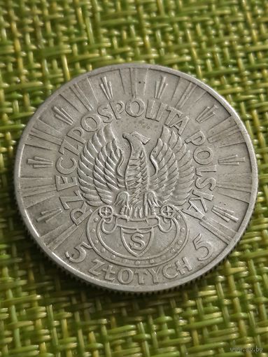 Польша 5 злотых, 1934 г (  Юзеф Пилсудский ; орел без короны )
