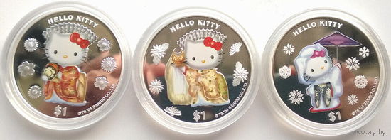 RARE Острова Кука 3х1 доллару 2004г. Набор: "Hello Kitty". Монеты в капсулах. СЕРЕБРО 3х31,10гр.(3 oz)