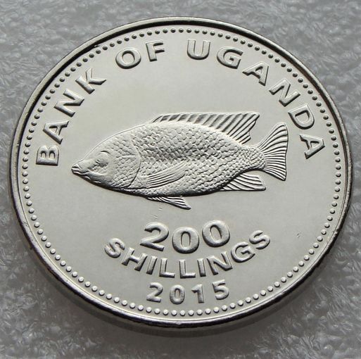 Уганда. 200 шиллингов 2015 год  КМ#68а  "Рыбка - Цихлид"