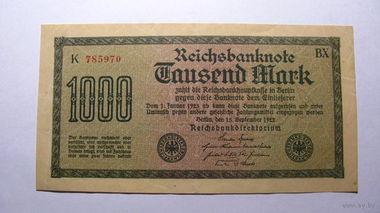 Германия Ro75d . 1000 марок. ( Номер - маленькие  красные цифры. Серия в левом верхнем углу - 1 буква)