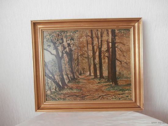 Картина масло картон Парк Осень деревянная рамка Германия.