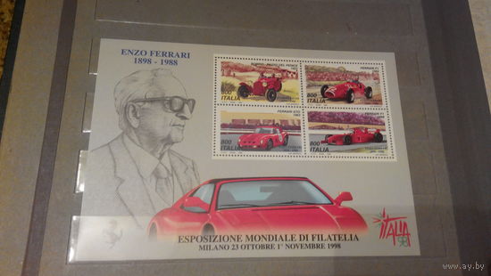 Транспорт, автомобили, машины, гонки, Феррари, известные личности, лошади, марки Италия 1998 блок