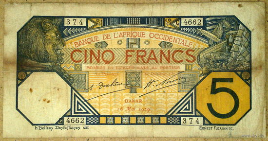 Дакар 5 франков 1929г Pic#5B(f)