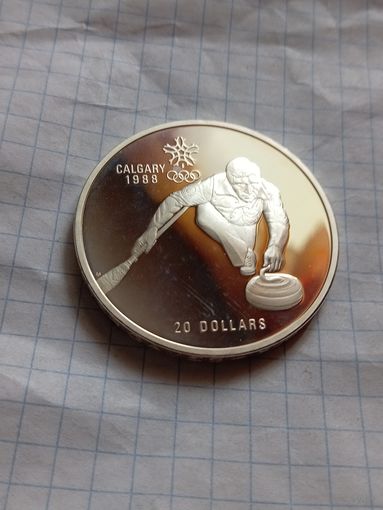 20 долларов 1987 года. Олимпийские игры в Калгари 1988 года. Кёрлинг. Унция серебра в чистоте металла