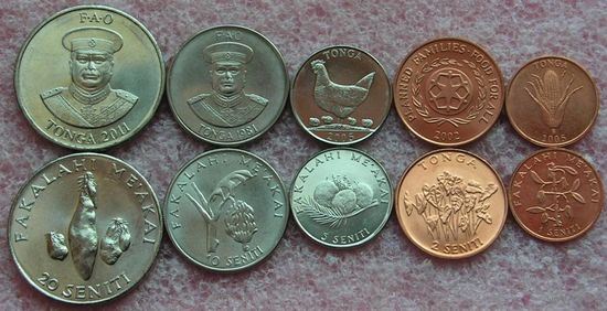 Тонга. набор 5 монет 1, 2, 5, 10, 20 сенти 1981 - 2002 - 2011 года