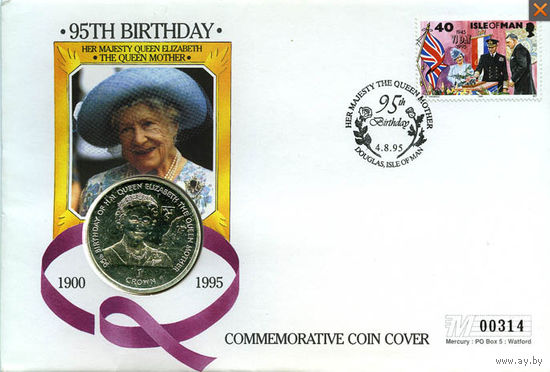 Остров МЭН крона 1995 +конверт+марка 95-е королева мать
