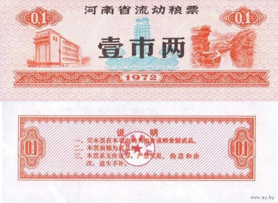 Китай Рисовые деньги, Продуктовый купон 0,1 провинция Цзилинь 1972 UNС П2-173