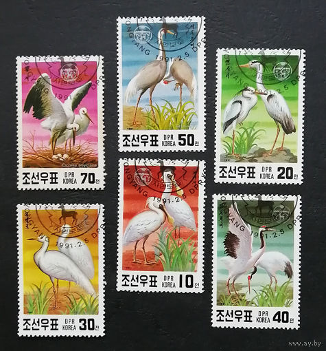 КНДР Корея 1991 г. Охрана природы. Цапли. Птицы, полная серия из 6 марок #0092-Ф2P17