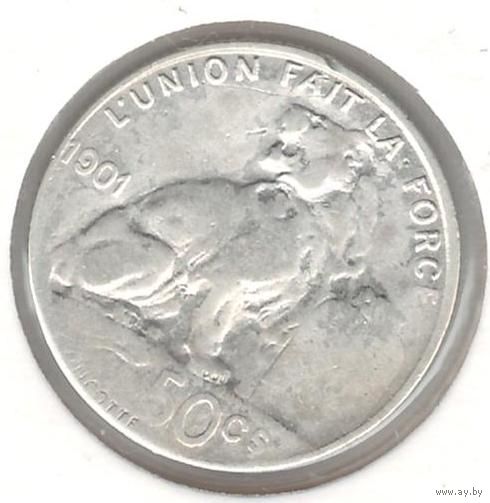 Бельгия 50 сантимов 1901 года. Серебро