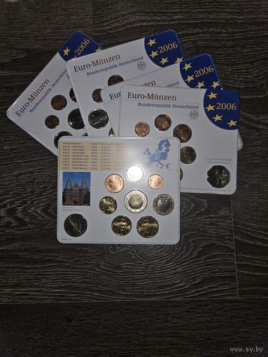 Германия 2006 год 5 наборов разных монетных дворов A D F G J. 1, 2, 5, 10, 20, 50 евроцентов, 1, 2 евро и 2 юбилейных евро. Официальный набор BU монет в упаковке.