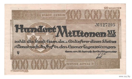 Германия Эссен 100 000 000 марок 1923 года. Состояние XF+!